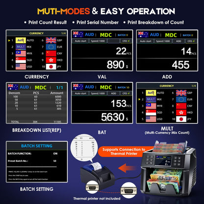 Dual CIS Money Counter with Counterfeit Detection, Mixed Value Bill Counter, 14 Currency Cash Counting Machine with Serial Number Reading, UV MG IR MT Detection, 3.5" TFT Display, AUD USD EUR GBP CNY