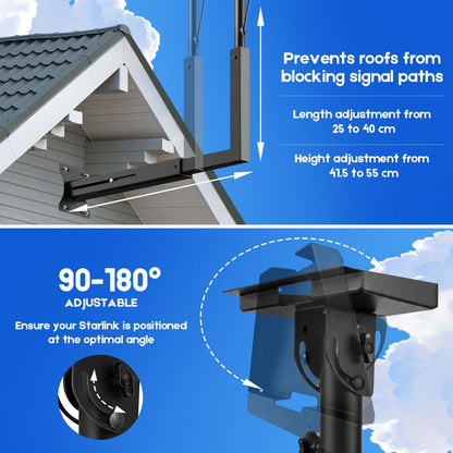 Long Arm Mount for Starlink Gen 3 Standard, Adjustable Telescoping Roof & Wall Bracket, 90°–180° Angle, 25–40cm Extension, Heavy-Duty Weather-Resistant