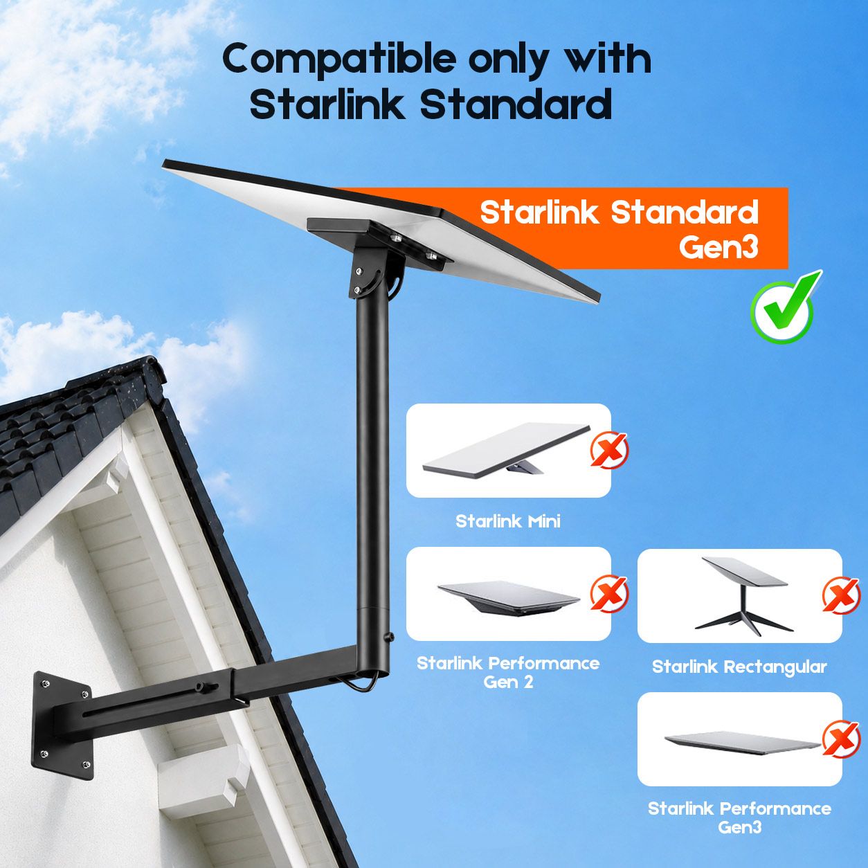 Starlink Mount for Gen 3 / Standard 4 / 4X, Adjustable Telescoping Wall & Roof Bracket, 360° Rotation & 0–90° Tilt, Heavy-Duty Manganese Steel