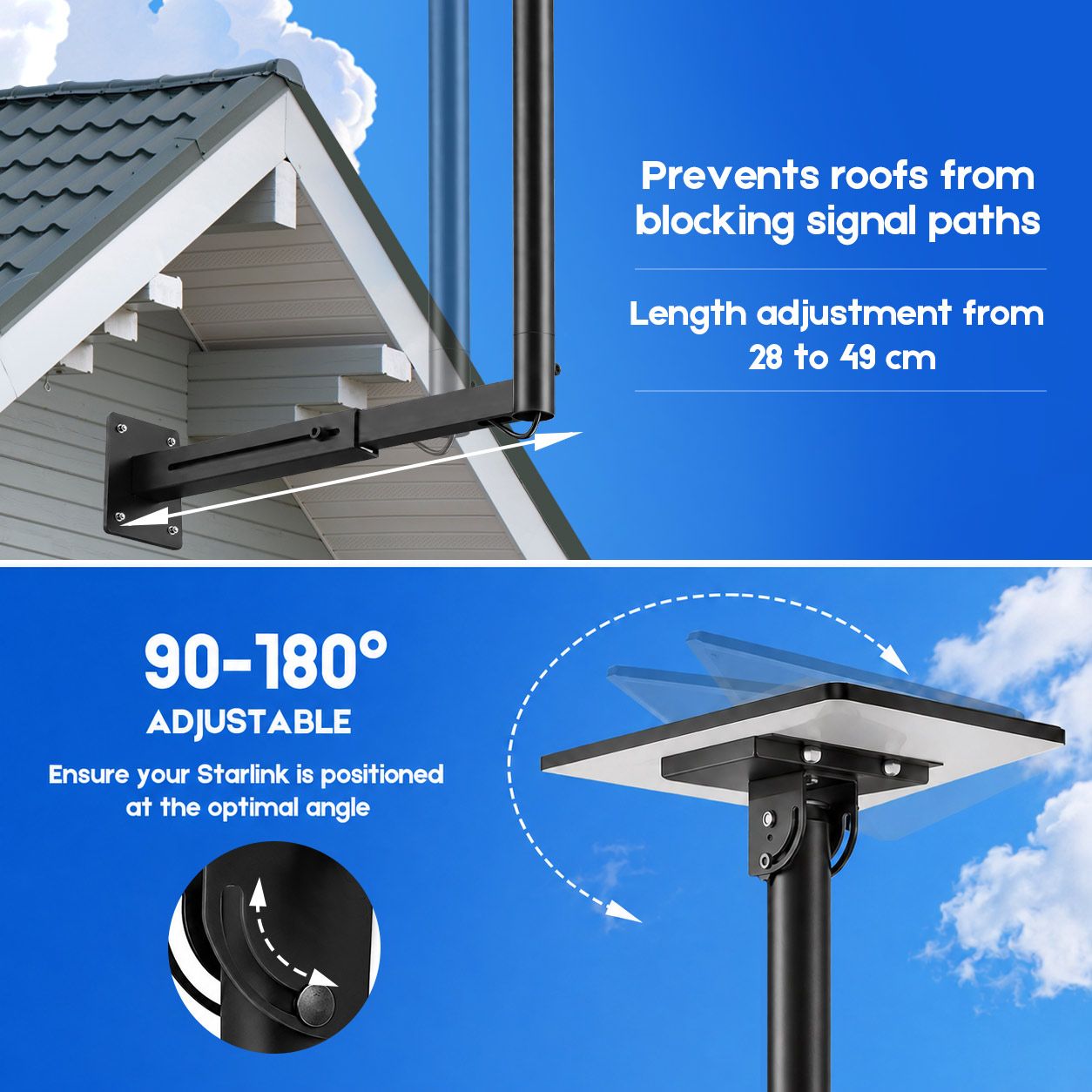 Starlink Mount for Gen 3 / Standard 4 / 4X, Adjustable Telescoping Wall & Roof Bracket, 360° Rotation & 0–90° Tilt, Heavy-Duty Manganese Steel
