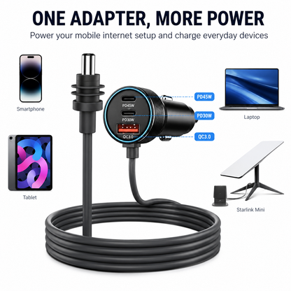 Aumerage Car Charger for Starlink Mini, DC Cable & Cigarette Adapter 3M | 3-in-1 12V-24V USB-C USB QC 3.0 + 45W/30W PD, 16AWG Waterproof  for Camping, RV & Off-Grid