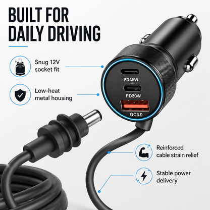 Aumerage Car Charger for Starlink Mini, DC Cable & Cigarette Adapter 3M | 3-in-1 12V-24V USB-C USB QC 3.0 + 45W/30W PD, 16AWG Waterproof  for Camping, RV & Off-Grid