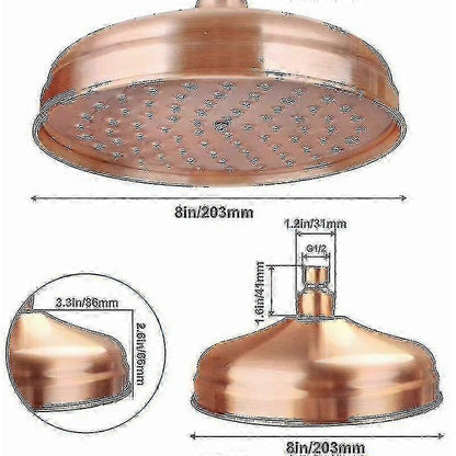 High Pressure Copper Rain Shower Head 20 cm (8 inch) Diameter Adjustable Angle Fixed Compatible with Standard Shower Arms Gold
