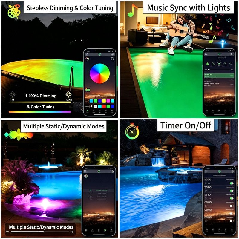 LED swimming pool light, supports APP control, 10W, 150mm diameter, 108 LED beads, dimmable underwater light, IP68 waterproof, 12V color-changing pool light, suitable for above-ground swimming pools.