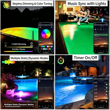 LED swimming pool light, supports APP control, 10W, 150mm diameter, 108 LED beads, dimmable underwater light, IP68 waterproof, 12V color-changing pool light, suitable for above-ground swimming pools.