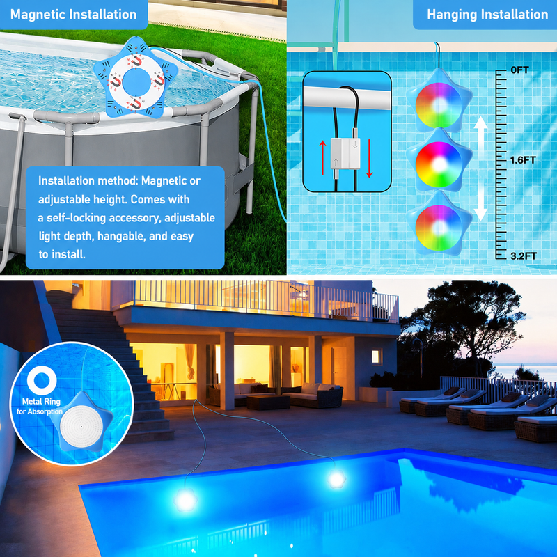 LED swimming pool light, supports APP control, 10W, 150mm diameter, 108 LED beads, dimmable underwater light, IP68 waterproof, 12V color-changing pool light, suitable for above-ground swimming pools.