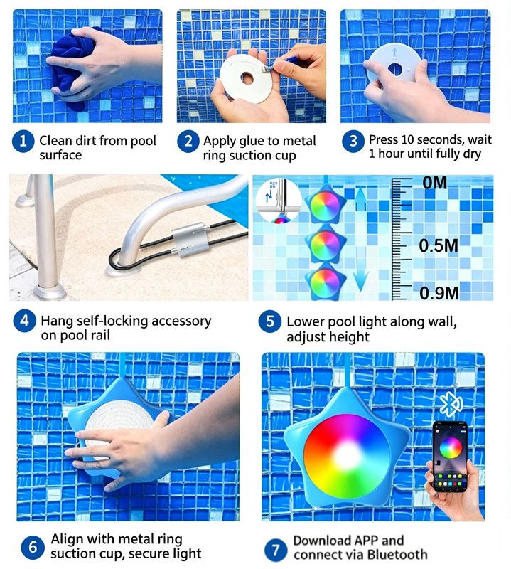 LED swimming pool light, supports APP control, 10W, 150mm diameter, 108 LED beads, dimmable underwater light, IP68 waterproof, 12V color-changing pool light, suitable for above-ground swimming pools.