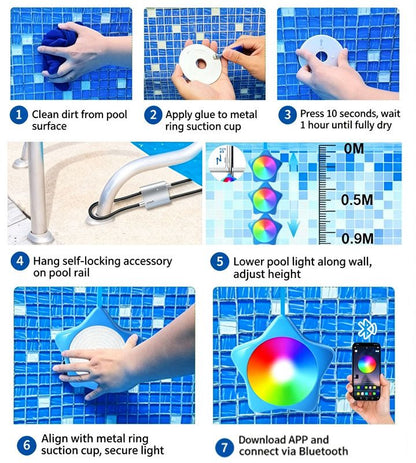 LED swimming pool light, supports APP control, 10W, 150mm diameter, 108 LED beads, dimmable underwater light, IP68 waterproof, 12V color-changing pool light, suitable for above-ground swimming pools.