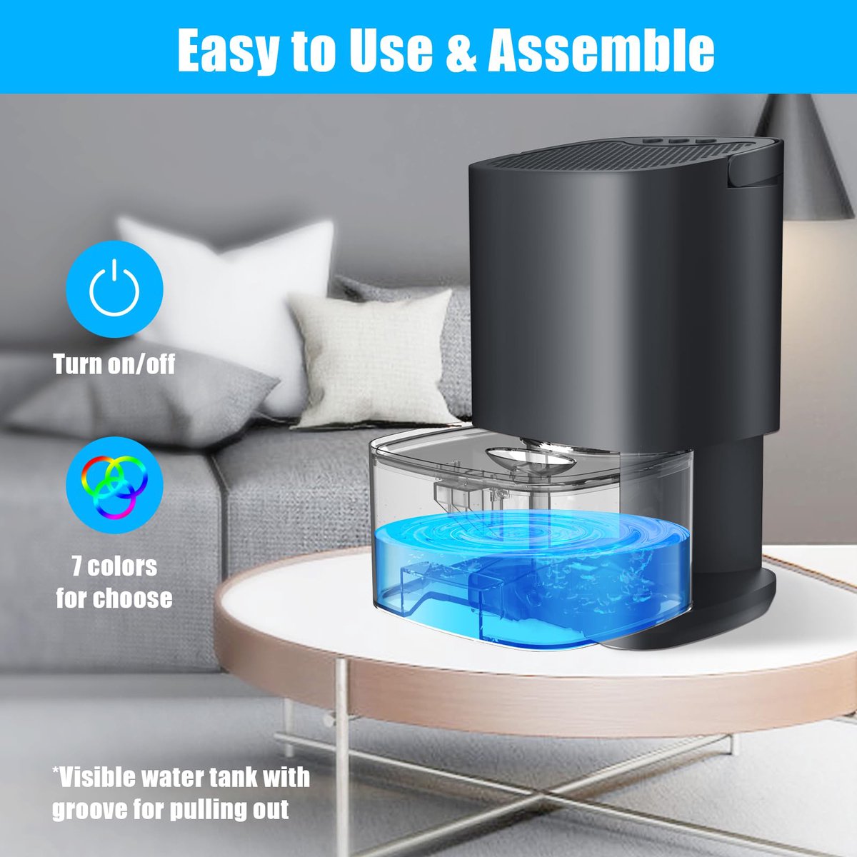 Ultra-quiet smart air dehumidifier - 1L capacity - Dehumidifier for bedroom, bathroom, basement, house - 2 in 1 - Small - Quiet - Black