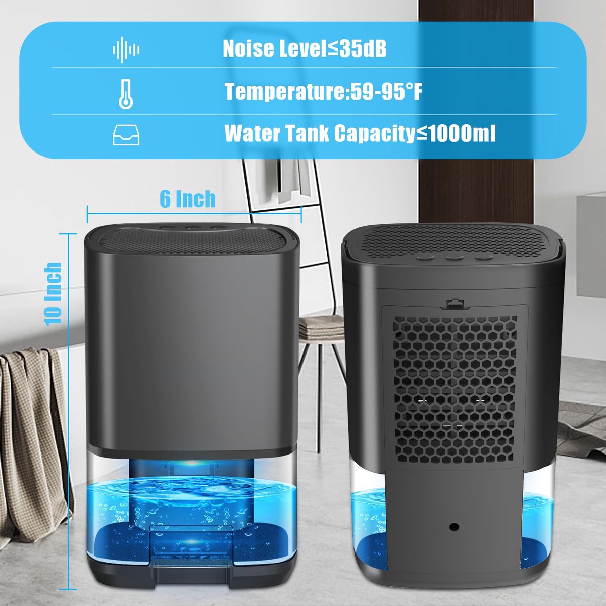 Ultra-quiet smart air dehumidifier - 1L capacity - Dehumidifier for bedroom, bathroom, basement, house - 2 in 1 - Small - Quiet - Black
