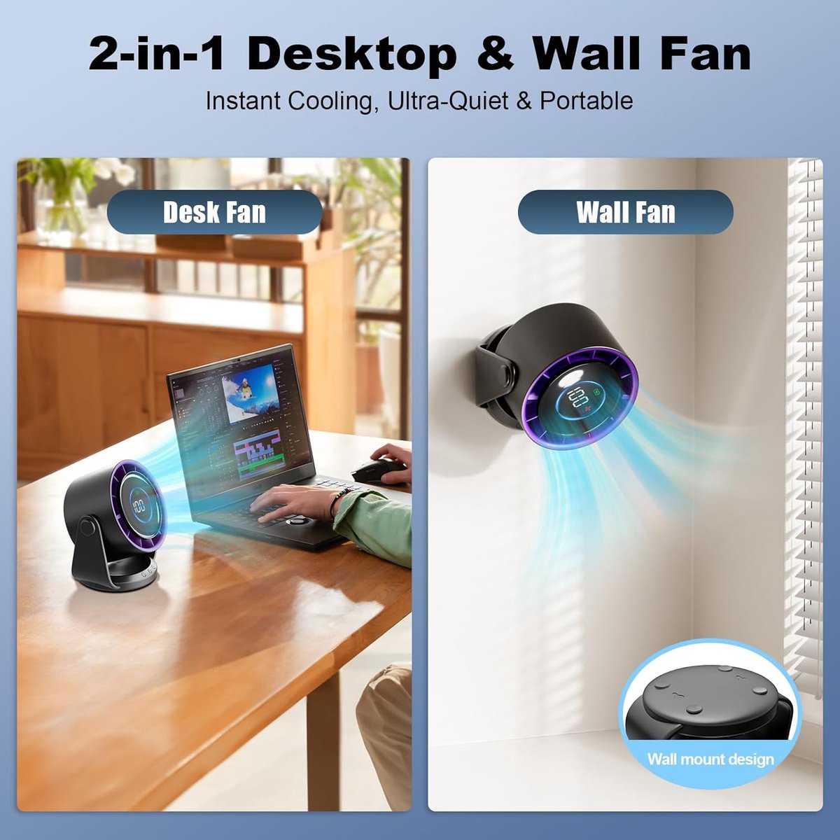Fan - Rechargeable table fan - Silent USB fan - 100 speeds with memory function - LED display - 115° rotation - Hanging fan - For bedroom, office, kitchen, camping [grey]