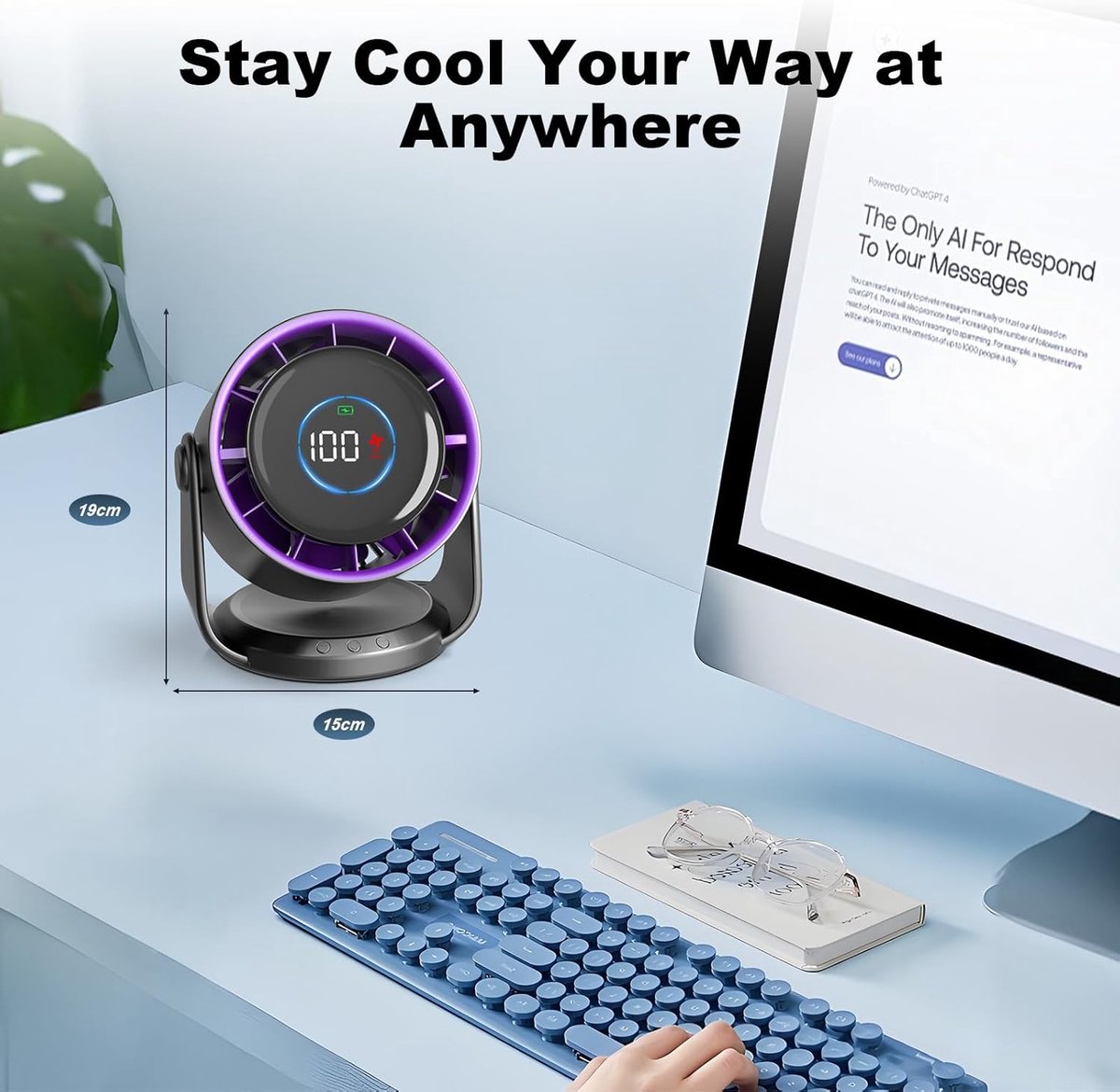 Fan - Rechargeable table fan - Silent USB fan - 100 speeds with memory function - LED display - 115° rotation - Hanging fan - For bedroom, office, kitchen, camping [grey]