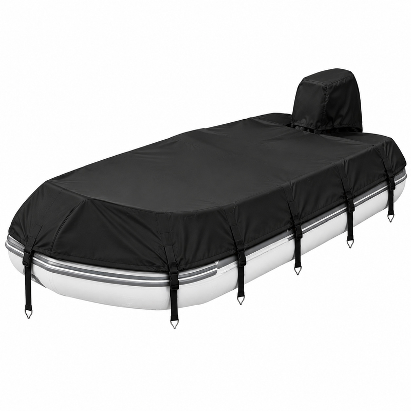 Trailerable 600D Oxford Pontoon Boat Cover with Integrated Attached Motor Hood, One‑Piece All‑In‑One Waterproof UV‑Resistant Boat Protector(29-32FT(1096*490cm))
