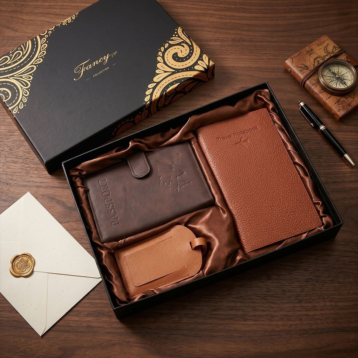 Brown Travel Gift Set, Passport Cover + Notebook + Luggage Tag, Premium Gift Box, Ideal Father's Day & Christmas Present for Men