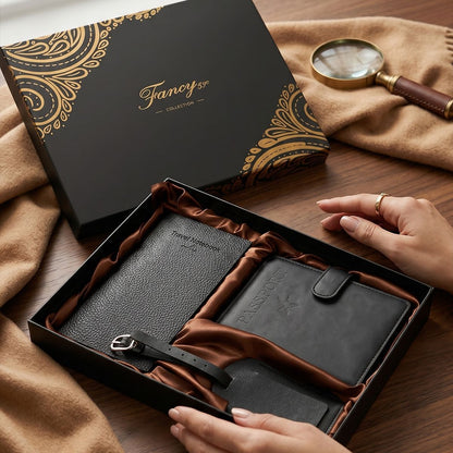 Black Travel Gift Set, Passport Cover + Notebook + Luggage Tag, Premium Gift Box, Ideal Father's Day & Christmas Present for Men