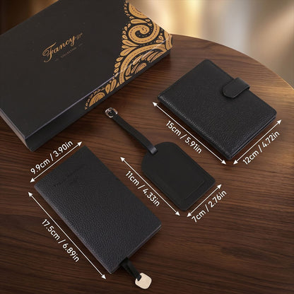 Black Travel Gift Set, Passport Cover + Notebook + Luggage Tag, Premium Gift Box, Ideal Father's Day & Christmas Present for Men
