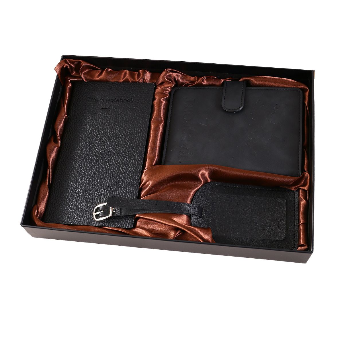 Black Travel Gift Set, Passport Cover + Notebook + Luggage Tag, Premium Gift Box, Ideal Father's Day & Christmas Present for Men