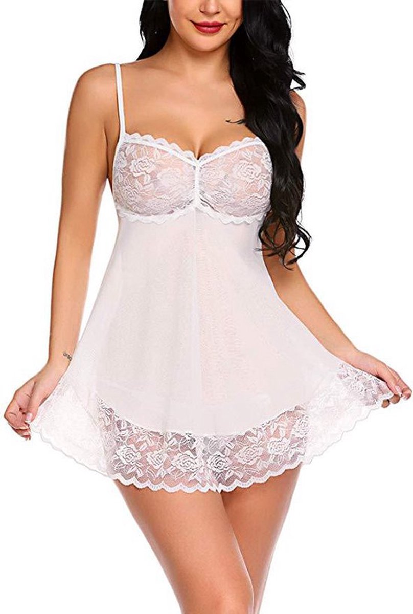 Erotic 2-Piece Lingerie Set | Nightgown & Panties | Sexy Lace Lingerie Set | Size MI White