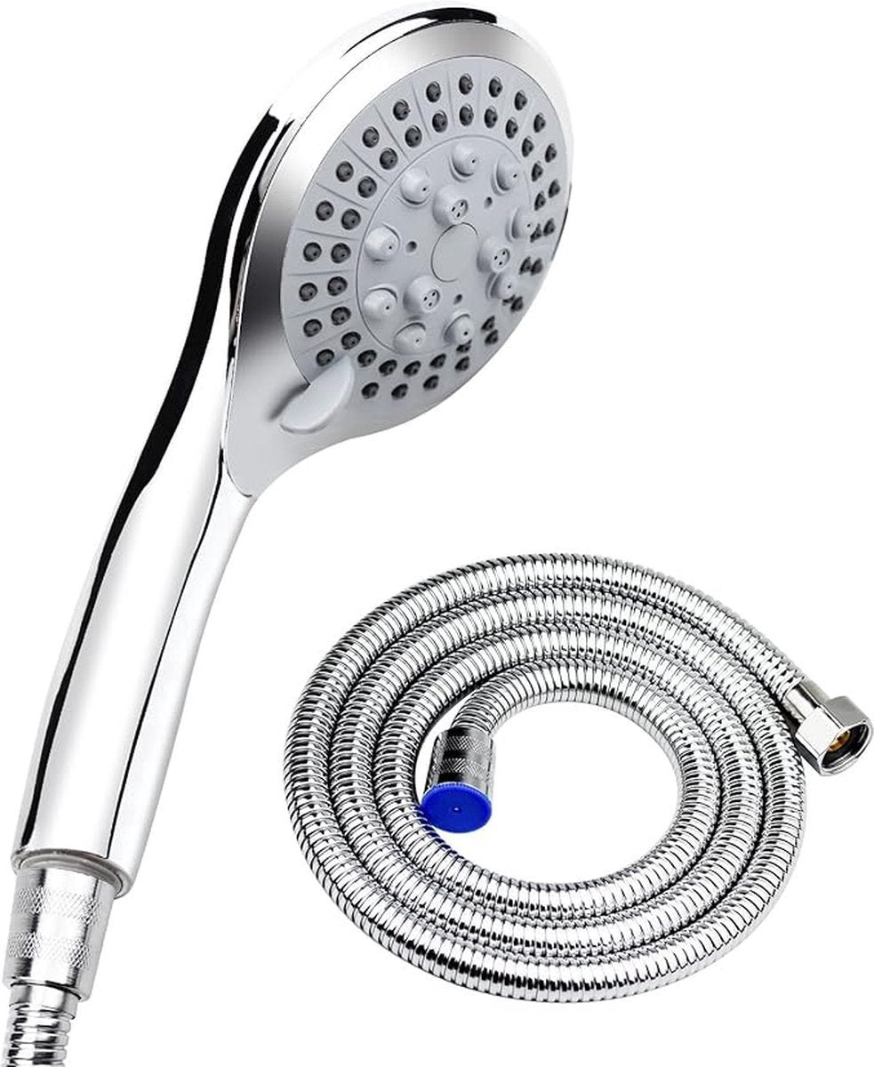 Water-Saving Shower Head - 5 Spray Settings - High Pressure - Hand Shower - Shower Set - With 1.5m Explosion-Proof Hose - Chrome - High Quality - Durable - Rain Shower - Silver - For Better Skin and Hair