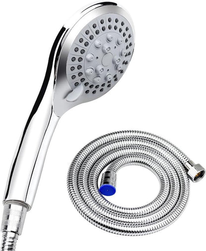 Water-Saving Shower Head - 5 Spray Settings - High Pressure - Hand Shower - Shower Set - With 1.5m Explosion-Proof Hose - Chrome - High Quality - Durable - Rain Shower - Silver - For Better Skin and Hair