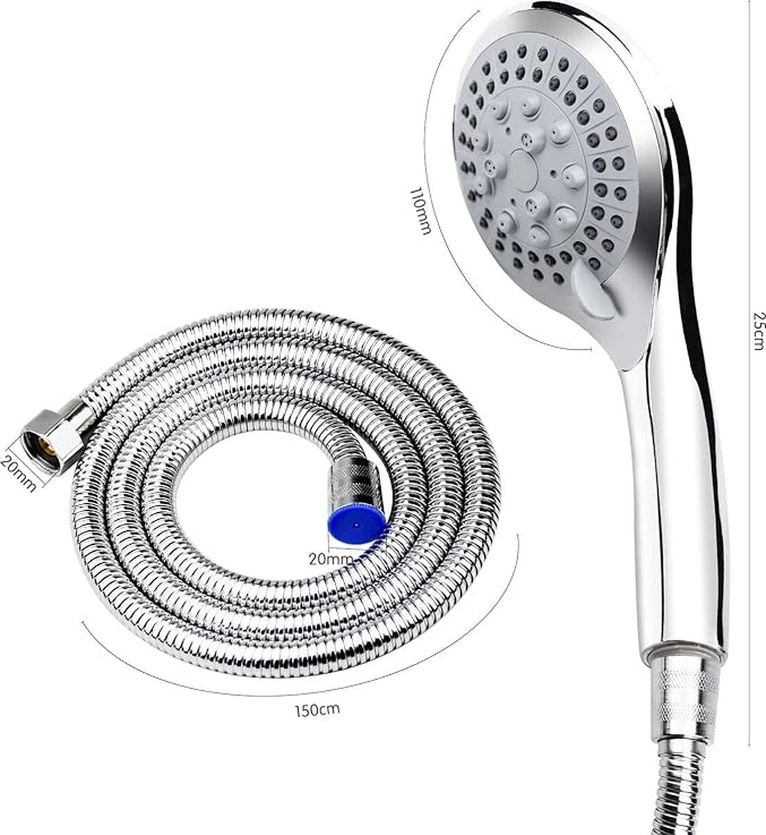 Water-Saving Shower Head - 5 Spray Settings - High Pressure - Hand Shower - Shower Set - With 1.5m Explosion-Proof Hose - Chrome - High Quality - Durable - Rain Shower - Silver - For Better Skin and Hair