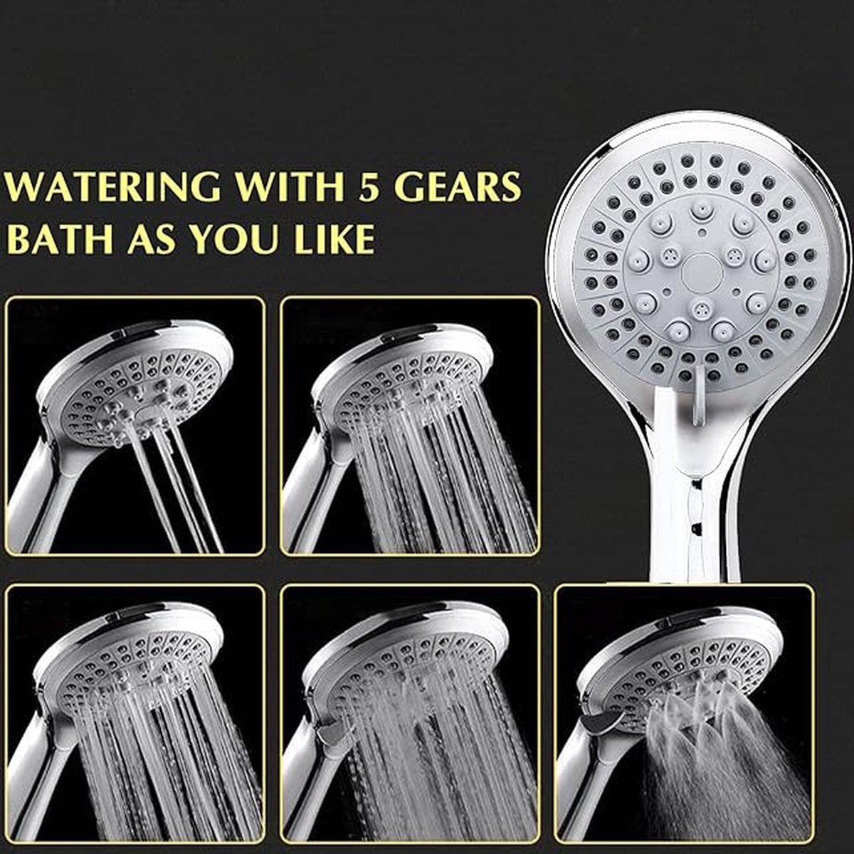 Water-Saving Shower Head - 5 Spray Settings - High Pressure - Hand Shower - Shower Set - With 1.5m Explosion-Proof Hose - Chrome - High Quality - Durable - Rain Shower - Silver - For Better Skin and Hair