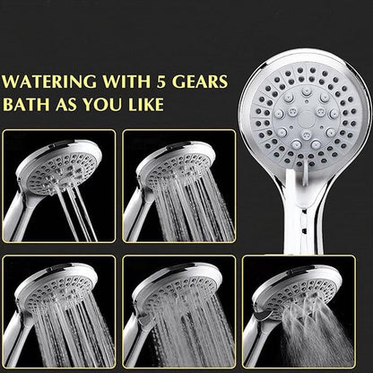 Water-Saving Shower Head - 5 Spray Settings - High Pressure - Hand Shower - Shower Set - With 1.5m Explosion-Proof Hose - Chrome - High Quality - Durable - Rain Shower - Silver - For Better Skin and Hair