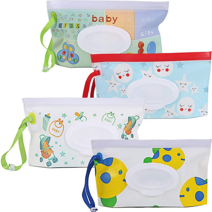 4x Baby Wipes Holder - Moist Tissue Holder - Refillable Portable Wet Wipes Holder - Non-Toxic - Dustproof - With Lanyard - Wet Wipes Box - Baby Wipes Box - Dispenser - Baby Gift - For Makeup Wipes, Cleansing Wipes