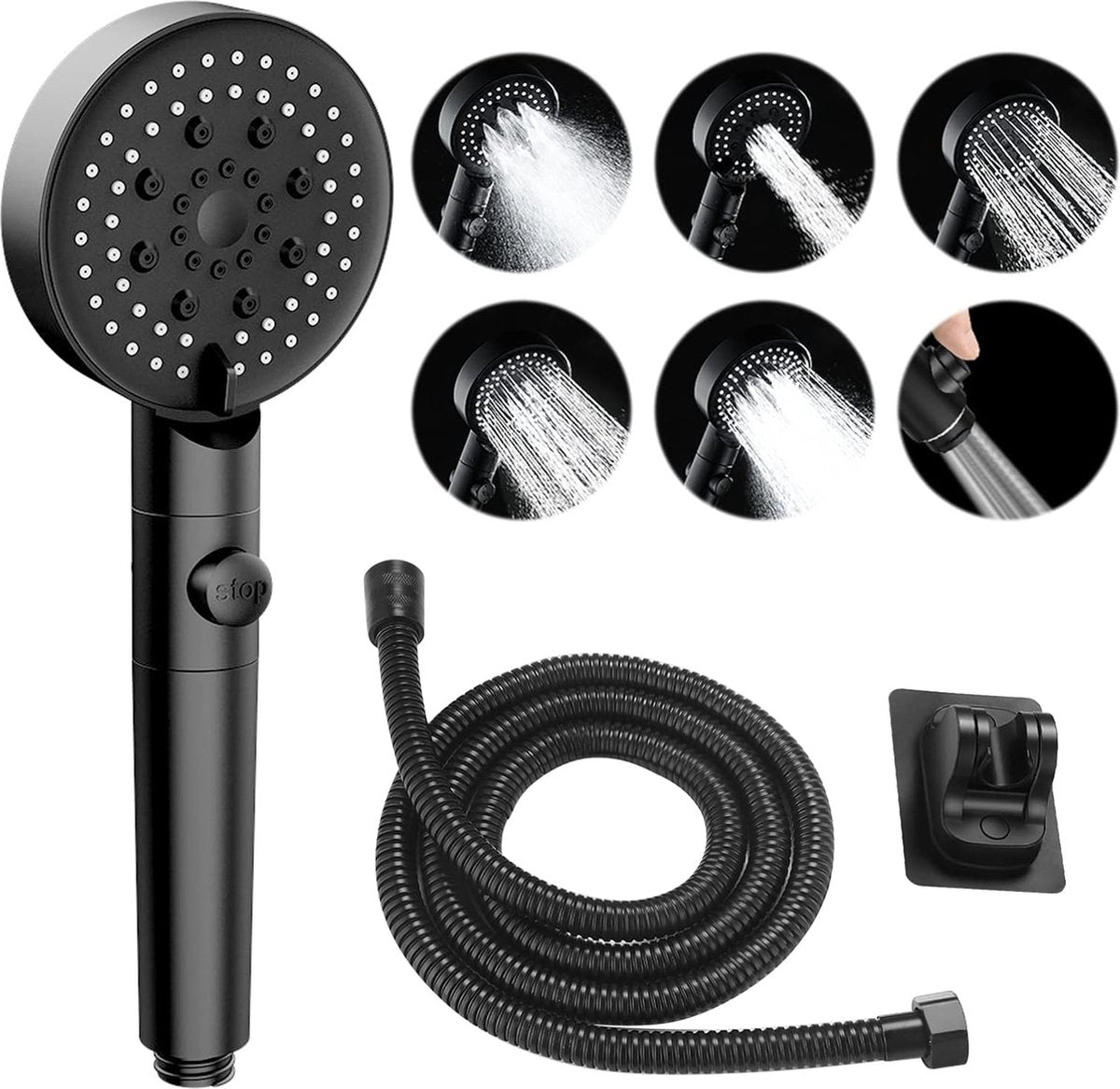 Shower Head - Shower Set - 6 Spray Modes - Water Saving - High Pressure - With 1.5m Explosion-Proof Hose and Self-Adhesive Holder - Rain Shower - Wellness - Hand Shower - Black - Bathroom Accessories - For Better Skin and Hair - High Quality - Durable