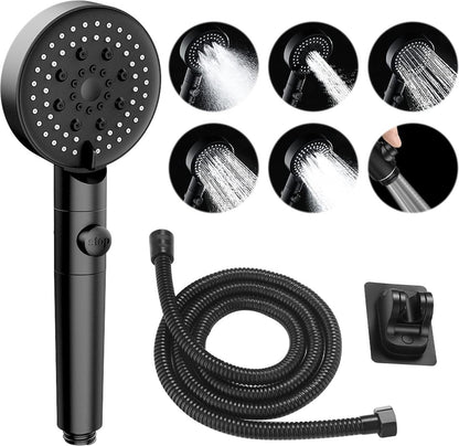 Shower Head - Shower Set - 6 Spray Modes - Water Saving - High Pressure - With 1.5m Explosion-Proof Hose and Self-Adhesive Holder - Rain Shower - Wellness - Hand Shower - Black - Bathroom Accessories - For Better Skin and Hair - High Quality - Durable