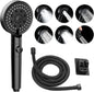 Shower Head - Shower Set - 6 Spray Modes - Water Saving - High Pressure - With 1.5m Explosion-Proof Hose and Self-Adhesive Holder - Rain Shower - Wellness - Hand Shower - Black - Bathroom Accessories - For Better Skin and Hair - High Quality - Durable