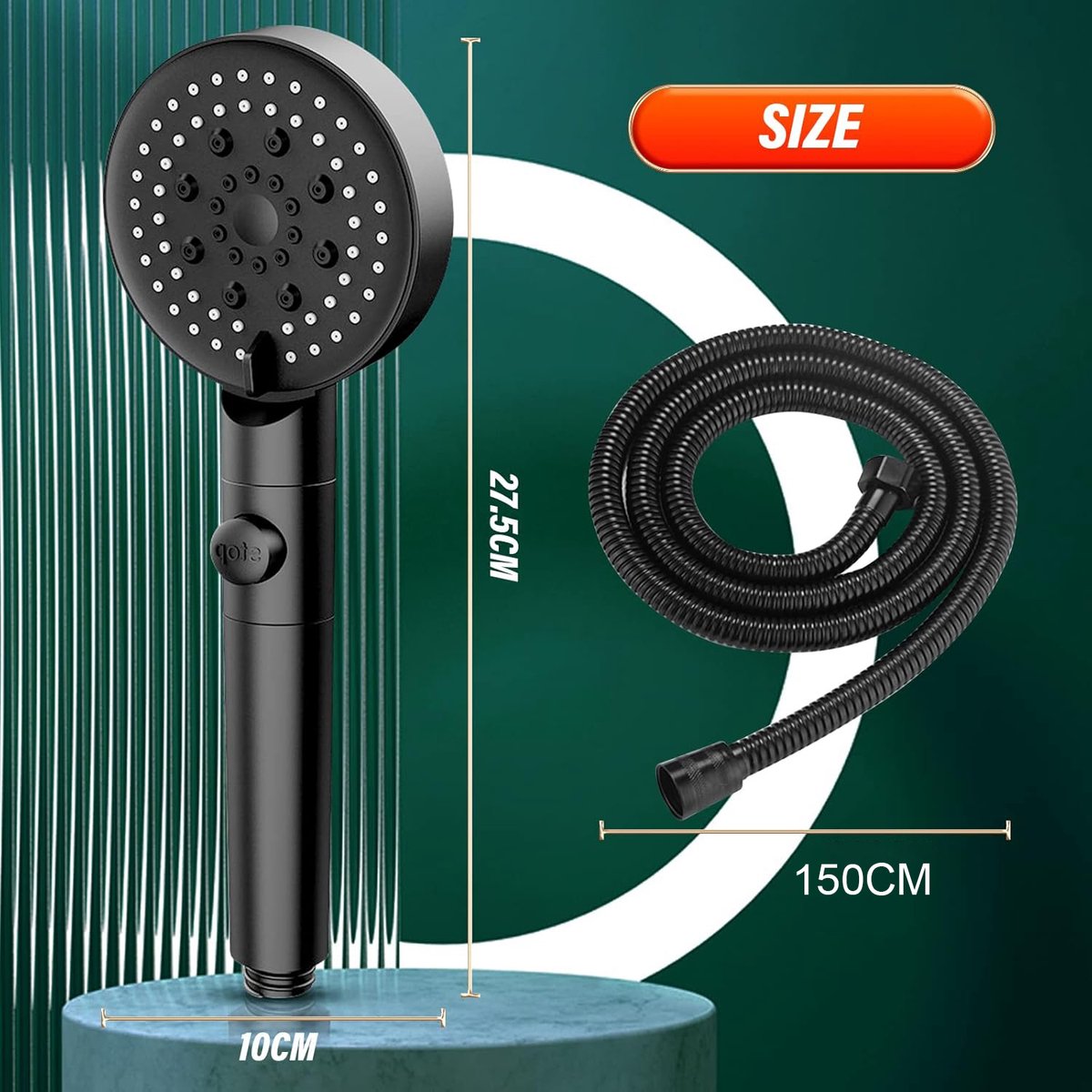 Shower Head - Shower Set - 6 Spray Modes - Water Saving - High Pressure - With 1.5m Explosion-Proof Hose and Self-Adhesive Holder - Rain Shower - Wellness - Hand Shower - Black - Bathroom Accessories - For Better Skin and Hair - High Quality - Durable