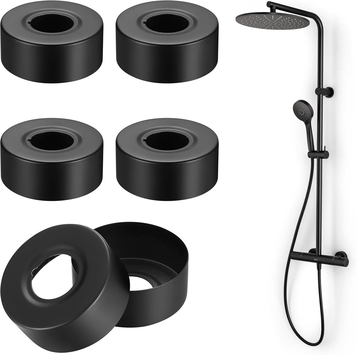 6 pieces - Rosettes - Rosette Covers for Pipes - Radiator Rosettes - Pipe Rosette Covers - Pipe Cover - Water Pipe Rosette - Tap Rosette - Stainless Steel Rosette Cover - for shower taps, taps, radiators - 66*66*30 mm - black