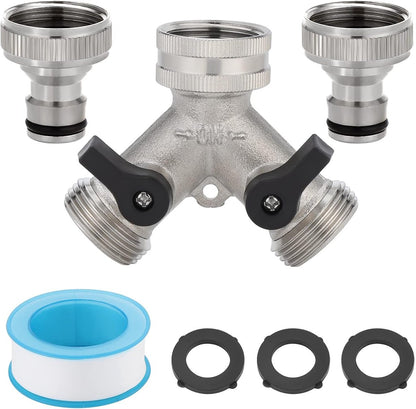 Double tap - 3/4" 2-way Y-splitters - tap adapter - garden tap dispenser - 2-way water distributor - with 2 rotary switches - Y-splitter - for washing machine and garden - 6.5*7.7 cm - silver