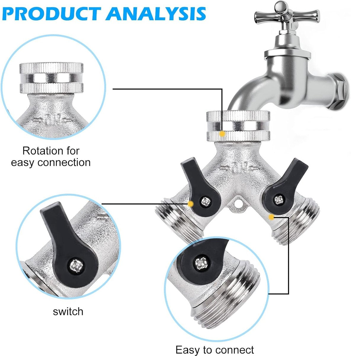 Double tap - 3/4" 2-way Y-splitters - tap adapter - garden tap dispenser - 2-way water distributor - with 2 rotary switches - Y-splitter - for washing machine and garden - 6.5*7.7 cm - silver