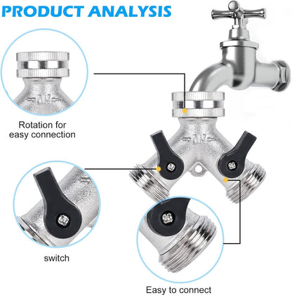 Double tap - 3/4" 2-way Y-splitters - tap adapter - garden tap dispenser - 2-way water distributor - with 2 rotary switches - Y-splitter - for washing machine and garden - 6.5*7.7 cm - silver