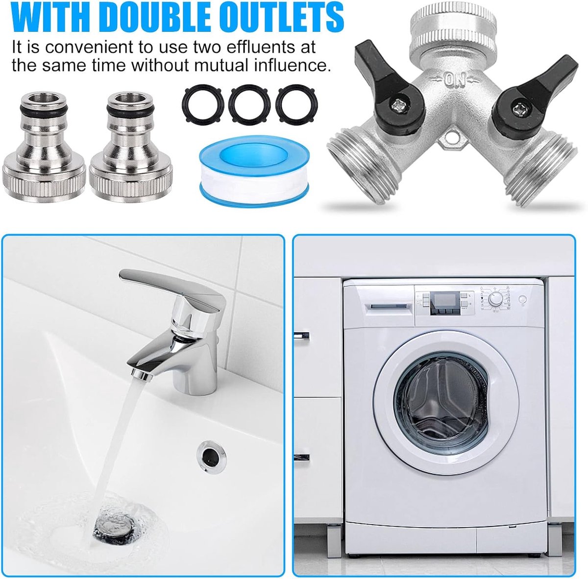 Double tap - 3/4" 2-way Y-splitters - tap adapter - garden tap dispenser - 2-way water distributor - with 2 rotary switches - Y-splitter - for washing machine and garden - 6.5*7.7 cm - silver
