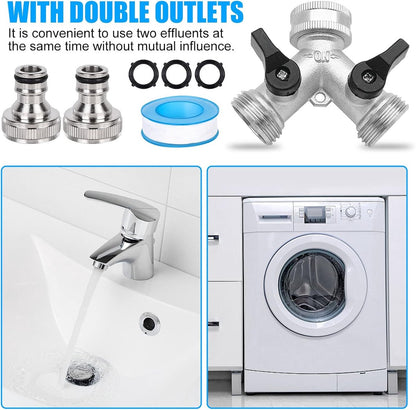 Double tap - 3/4" 2-way Y-splitters - tap adapter - garden tap dispenser - 2-way water distributor - with 2 rotary switches - Y-splitter - for washing machine and garden - 6.5*7.7 cm - silver
