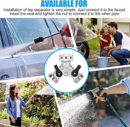 Double tap - 3/4" 2-way Y-splitters - tap adapter - garden tap dispenser - 2-way water distributor - with 2 rotary switches - Y-splitter - for washing machine and garden - 6.5*7.7 cm - silver