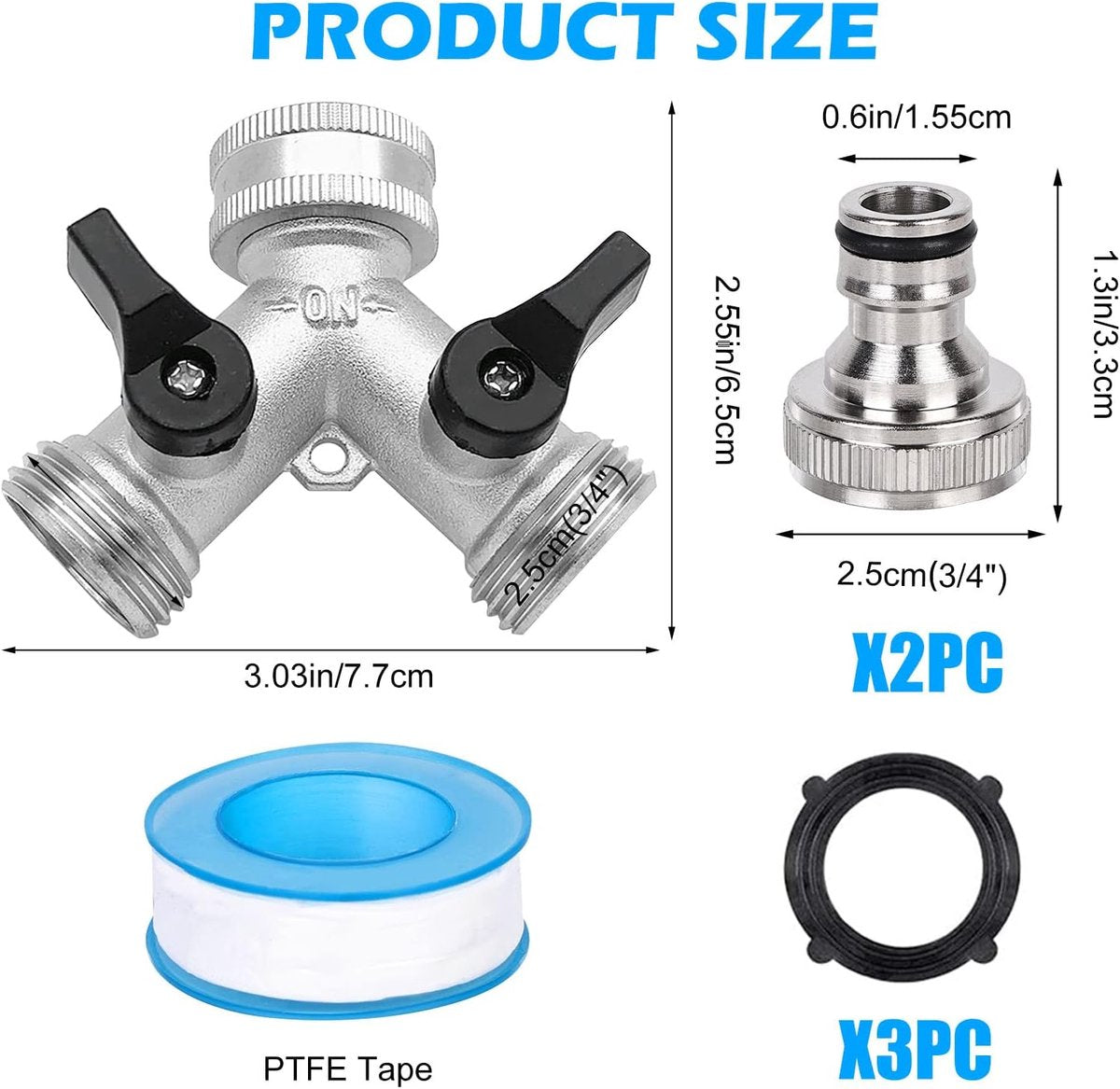 Double tap - 3/4" 2-way Y-splitters - tap adapter - garden tap dispenser - 2-way water distributor - with 2 rotary switches - Y-splitter - for washing machine and garden - 6.5*7.7 cm - silver