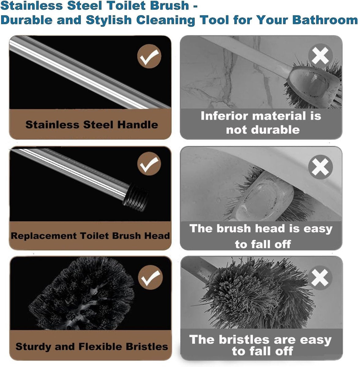 2 pieces - Toilet brush - Stainless steel toilet brush - With screw head - WC brush - Toilet brush - With handle - Stainless steel handle - Universal - Replacement toilet brushes - The brush heads are individually replaceable - Black