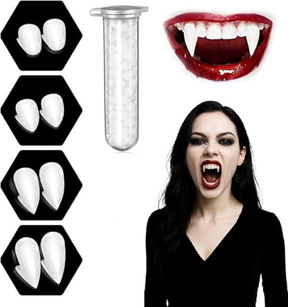 Set of 4 pairs of vampire teeth - 4 sizes - Halloween cosplay vampire teeth - Includes 5g teeth gum - Great for cosplay at parties - Halloween - Demon - Witch