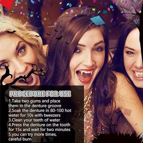 Set of 4 pairs of vampire teeth - 4 sizes - Halloween cosplay vampire teeth - Includes 5g teeth gum - Great for cosplay at parties - Halloween - Demon - Witch