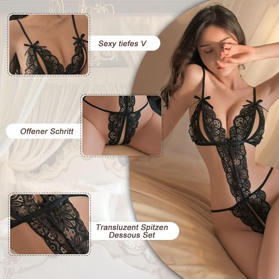 Women's Sexy Lingerie Set - Sexy Bodysuit - Women's Nightgown - Sexy Nightgown - Semi-sheer Lace-Up Front Panel - Adjustable Off-the-Shoulder Bra - Perfect Sexy Lingerie - Valentine's Day Gift - Size M - Black