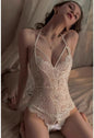 Sexy lingerie - Floral lace bodysuit - Halter neck - Open back - Seductive lingerie - One size - White