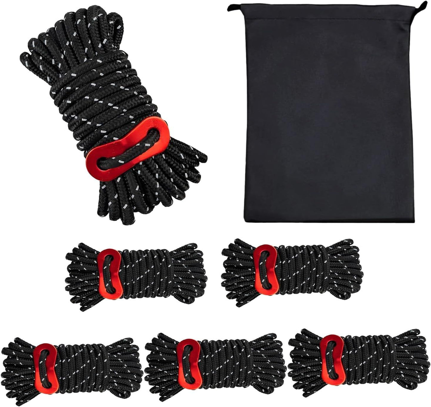 6 Pack Tent Guy Lines with Aluminium Tensioners, Lightweight Reflective Camping Cord for Tents, Tarps, Canopies and Outdoor Shelters, Black