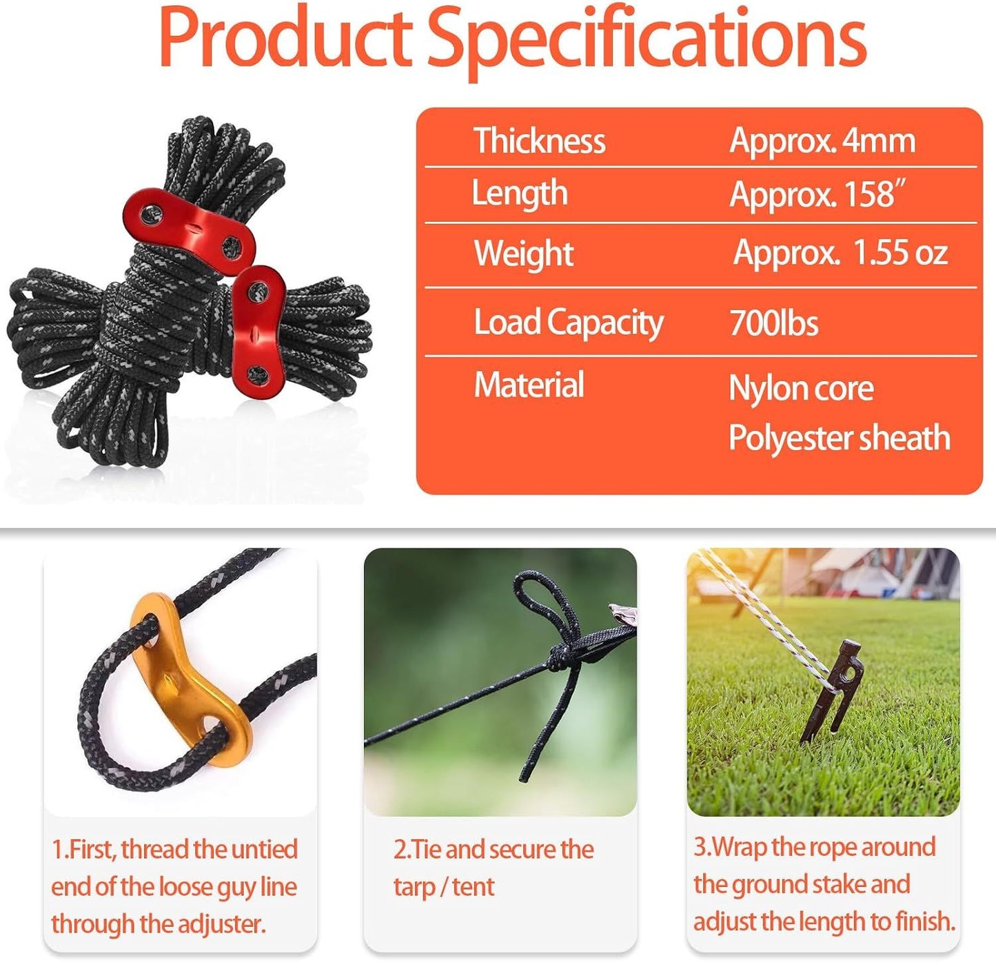6 Pack Tent Guy Lines with Aluminium Tensioners, Lightweight Reflective Camping Cord for Tents, Tarps, Canopies and Outdoor Shelters, Black