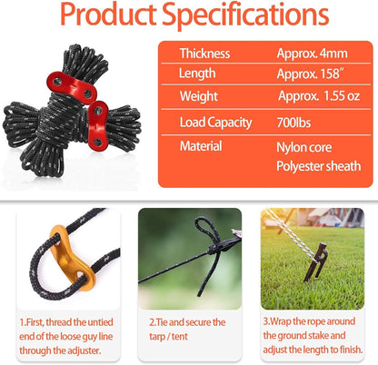 6 Pack Tent Guy Lines with Aluminium Tensioners, Lightweight Reflective Camping Cord for Tents, Tarps, Canopies and Outdoor Shelters, Black