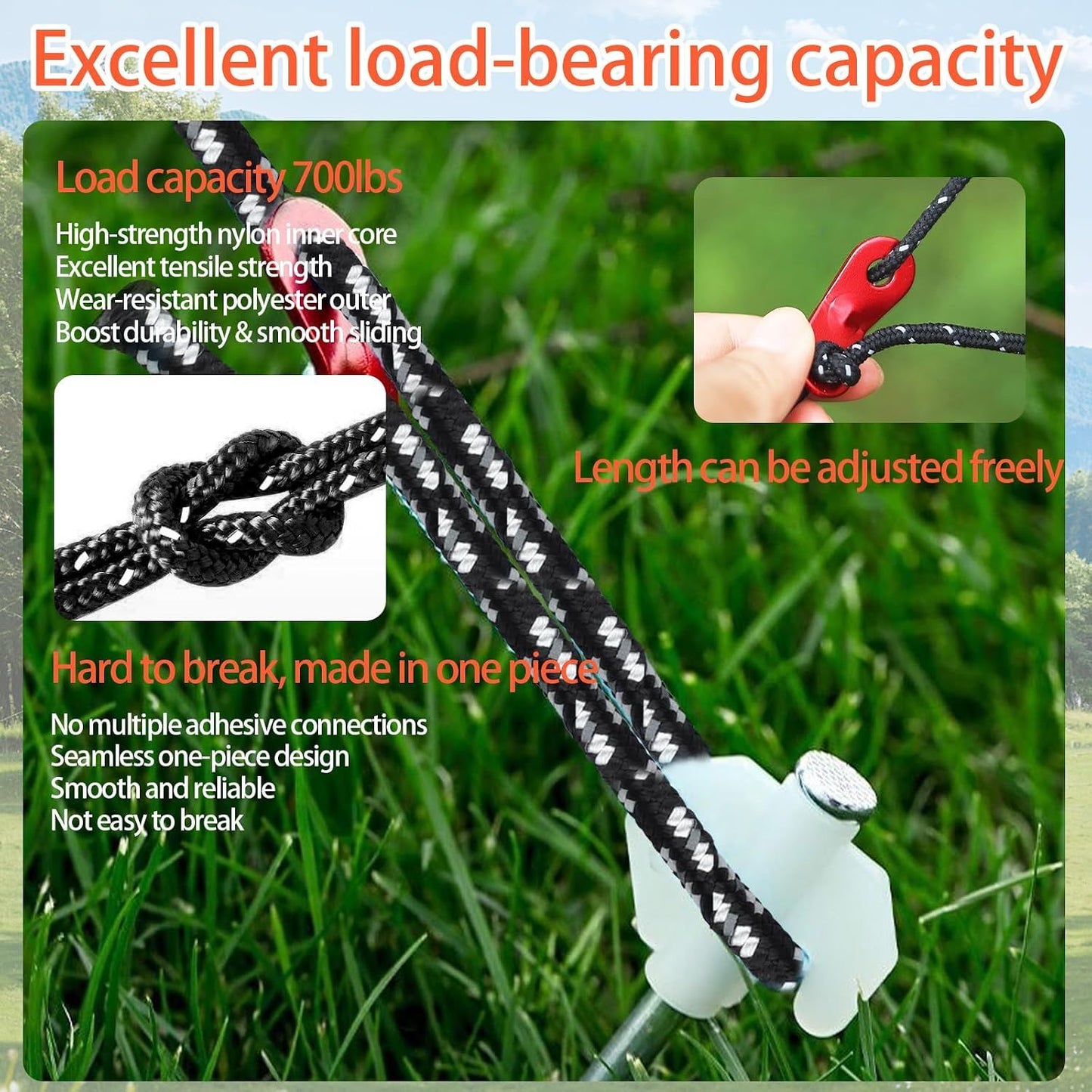 6 Pack Tent Guy Lines with Aluminium Tensioners, Lightweight Reflective Camping Cord for Tents, Tarps, Canopies and Outdoor Shelters, Black