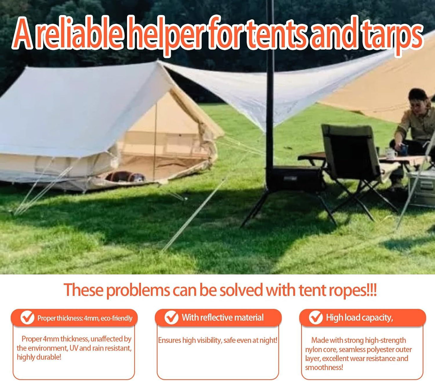 6 Pack Tent Guy Lines with Aluminium Tensioners, Lightweight Reflective Camping Cord for Tents, Tarps, Canopies and Outdoor Shelters, Black